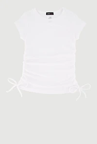 Little Girls Chic Ribbed Knit Short Sleeve Crew Neck Top with Faux Drawstring, White, Size 6X