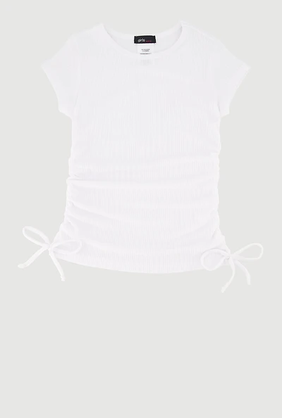 Little Girls Chic Ribbed Knit Short Sleeve Crew Neck Top with Faux Drawstring, White, Size 6X