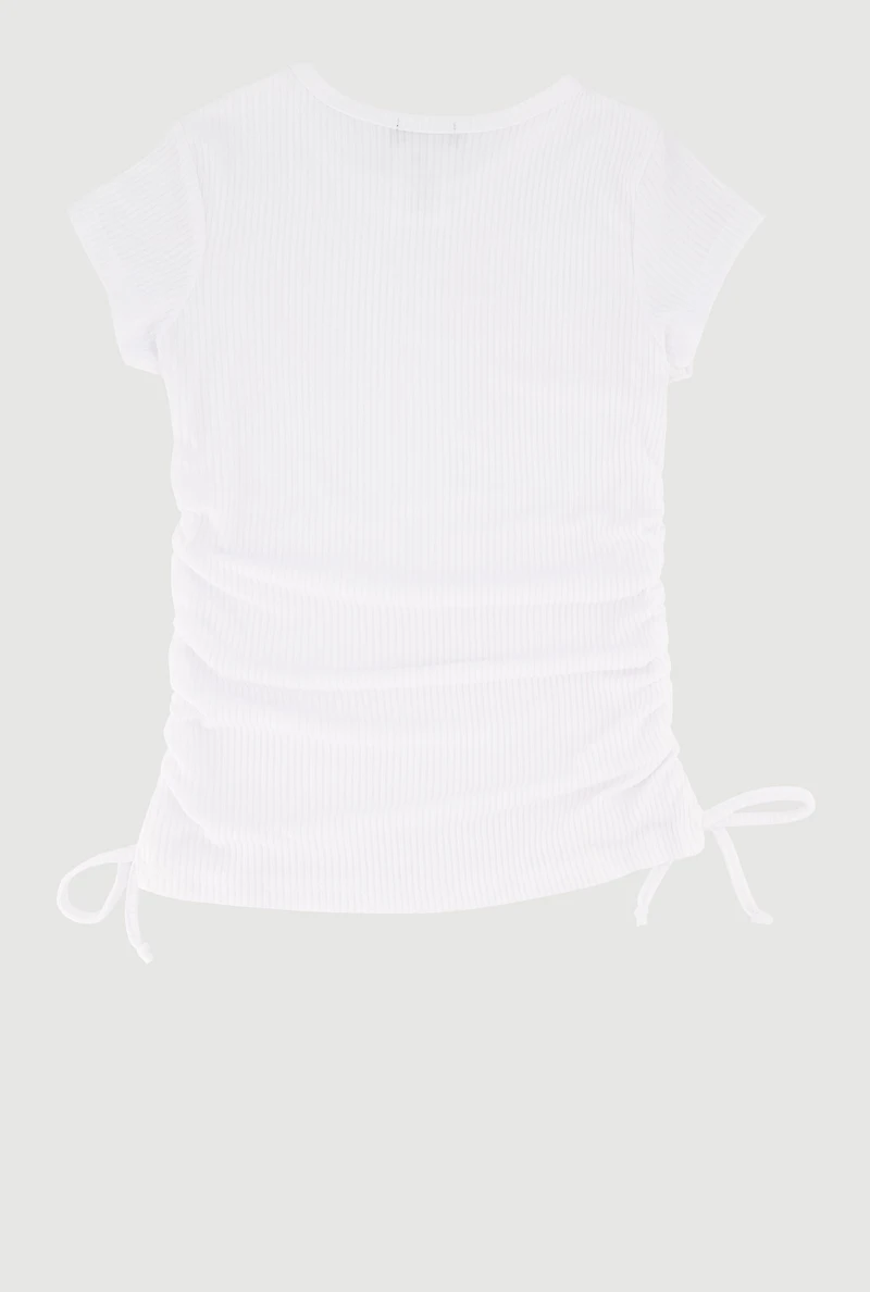 Little Girls Chic Ribbed Knit Short Sleeve Crew Neck Top with Faux Drawstring, White, Size 6X
