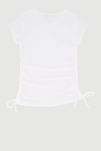Little Girls Chic Ribbed Knit Short Sleeve Crew Neck Top with Faux Drawstring, White, Size 6X