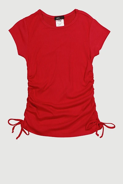 Little Girls Chic Ribbed Knit Short Sleeve Crew Neck Top with Faux Drawstring,