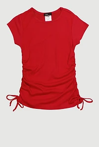Little Girls Chic Ribbed Knit Short Sleeve Crew Neck Top with Faux Drawstring,