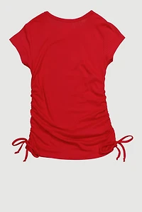 Little Girls Chic Ribbed Knit Short Sleeve Crew Neck Top with Faux Drawstring,