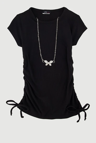 Little Girls Ribbed Knit Tee with Rhinestone Butterfly Necklace,