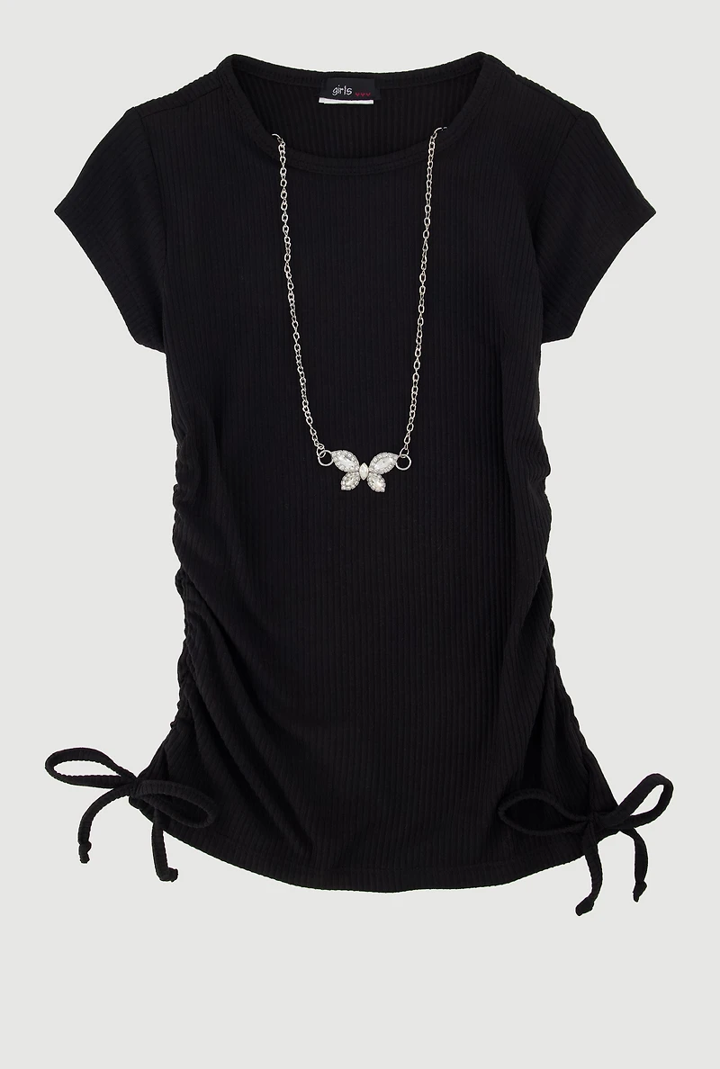 Little Girls Ribbed Knit Tee with Rhinestone Butterfly Necklace,