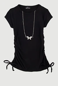 Little Girls Ribbed Knit Tee with Rhinestone Butterfly Necklace