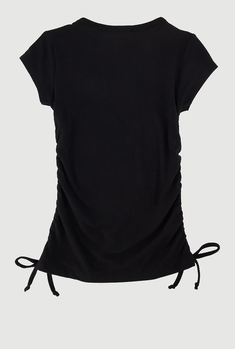 Little Girls Ribbed Knit Tee with Rhinestone Butterfly Necklace,