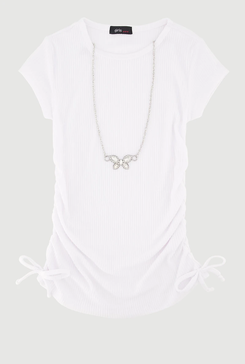 Little Girls Ribbed Knit Tee with Rhinestone Butterfly Necklace, White, Size 5-6