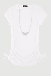 Little Girls Ribbed Knit Tee with Rhinestone Butterfly Necklace, White, Size 5-6