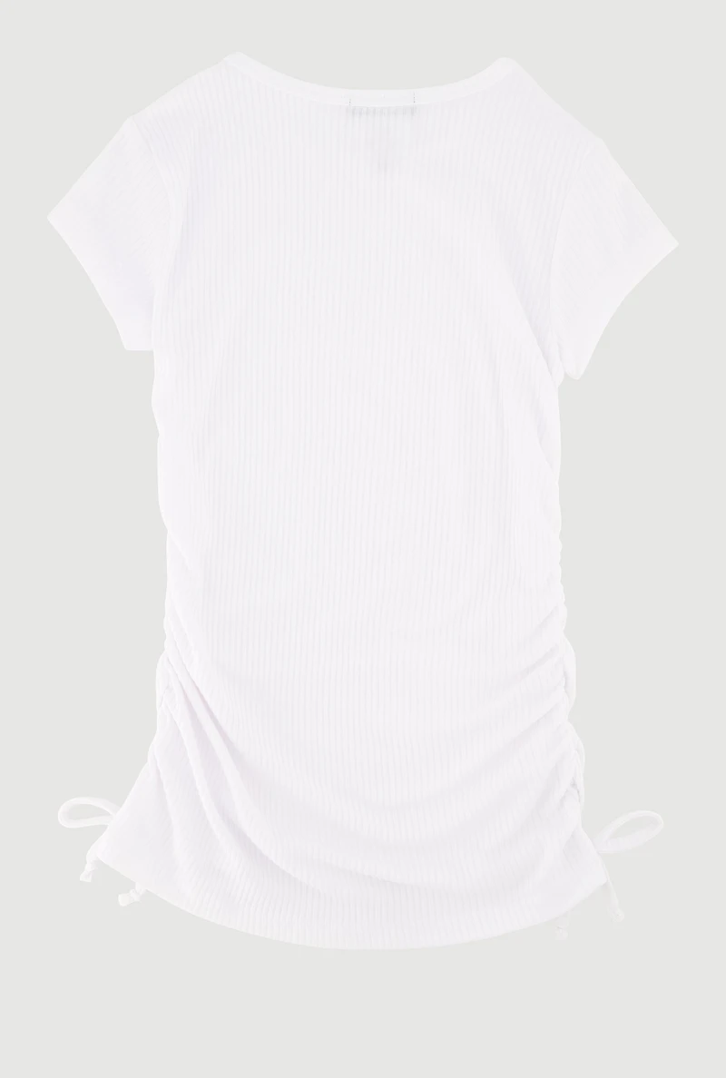 Little Girls Ribbed Knit Tee with Rhinestone Butterfly Necklace, White, Size 5-6