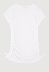 Little Girls Ribbed Knit Tee with Rhinestone Butterfly Necklace, White, Size 5-6