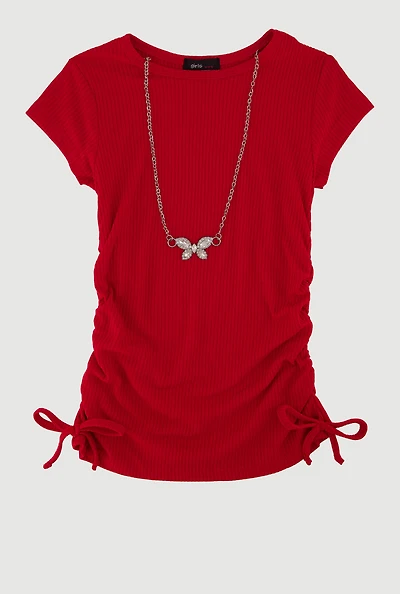 Little Girls Ribbed Knit Tee with Rhinestone Butterfly Necklace,