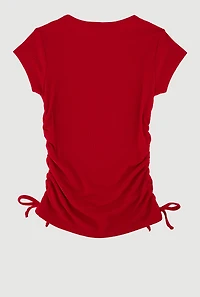 Little Girls Ribbed Knit Tee with Rhinestone Butterfly Necklace, Red,