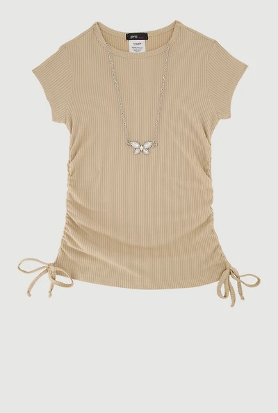 Little Girls Ribbed Knit Tee with Rhinestone Butterfly Necklace,