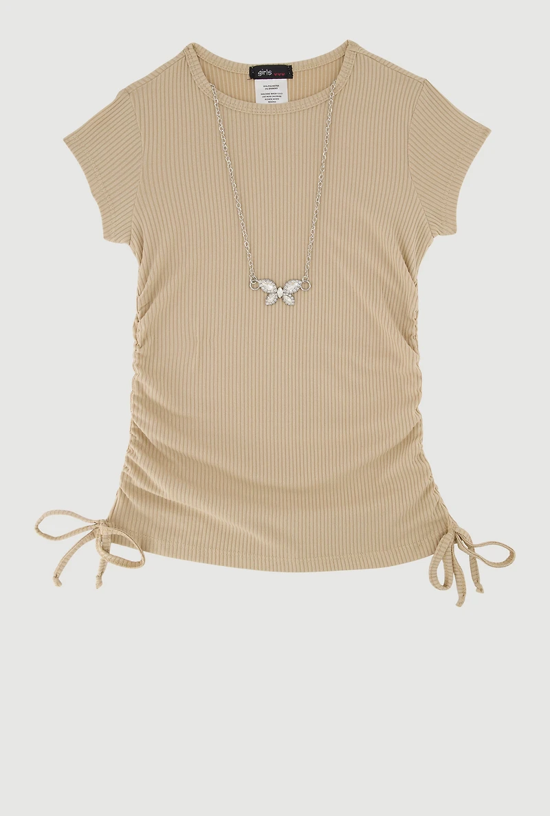 Little Girls Ribbed Knit Tee with Rhinestone Butterfly Necklace, Beige, Size 5-6