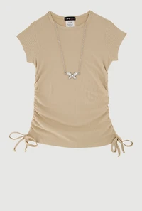 Little Girls Ribbed Knit Tee with Rhinestone Butterfly Necklace, Beige, Size 5-6