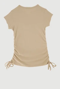 Little Girls Ribbed Knit Tee with Rhinestone Butterfly Necklace, Beige, Size 5-6