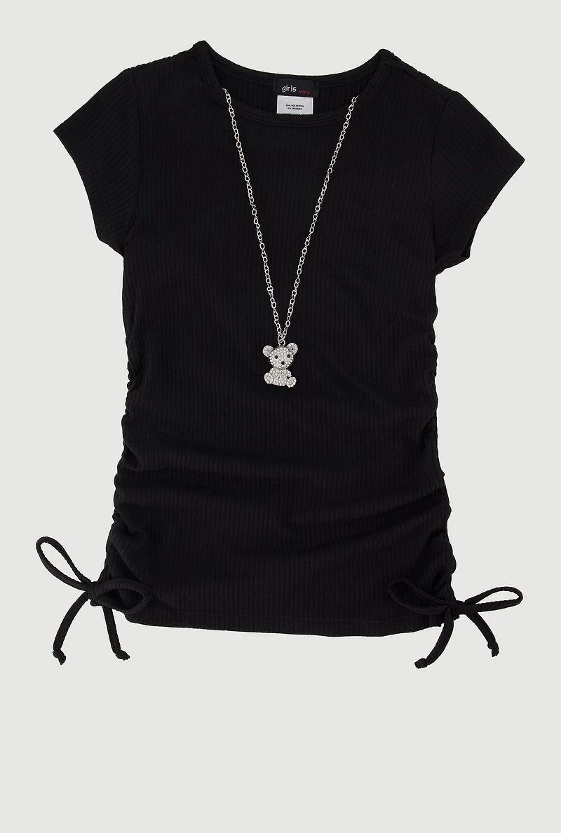 Little Girls Rib Knit Tee with Bear Chain Necklace, Black, Size 6X