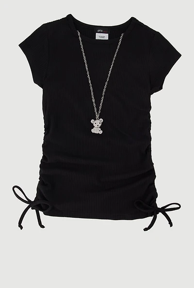 Little Girls Rib Knit Tee with Bear Chain Necklace, Black, Size 6X