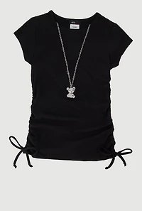 Little Girls Rib Knit Tee with Bear Chain Necklace, Black, Size 6X