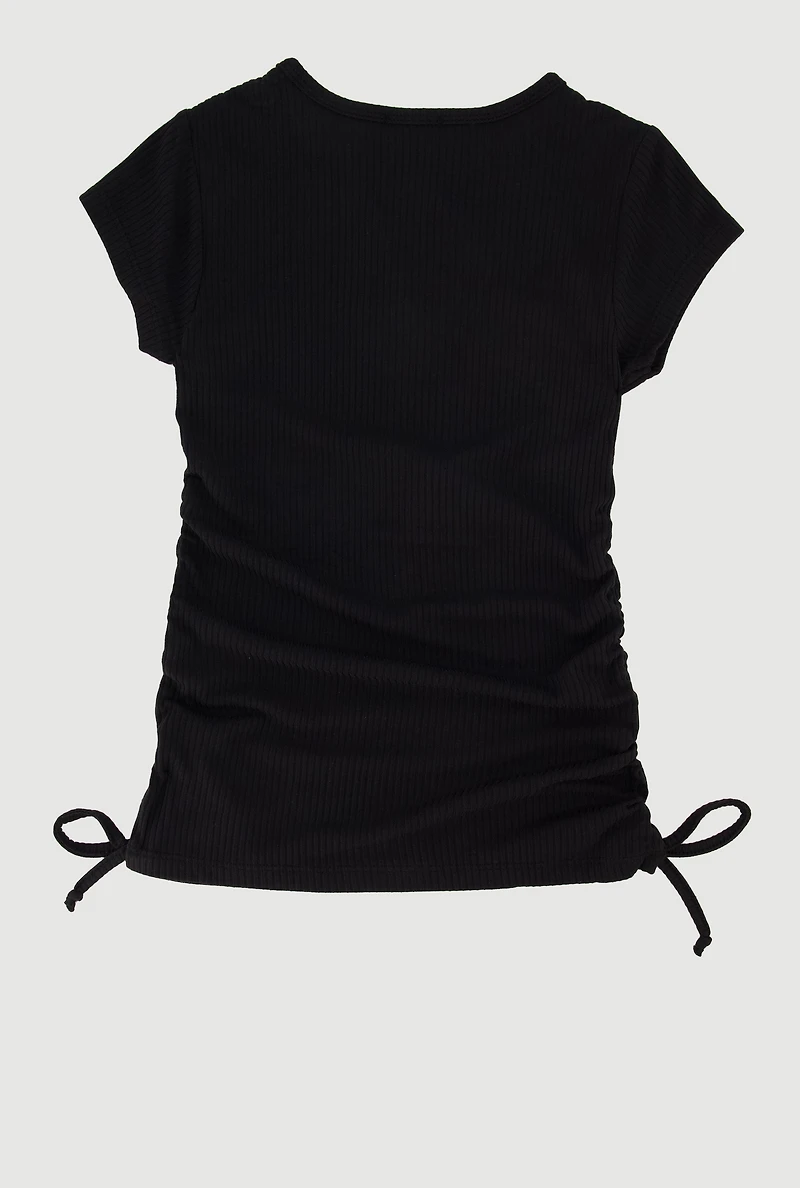 Little Girls Rib Knit Tee with Bear Chain Necklace, Black, Size 6X