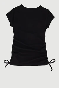 Little Girls Rib Knit Tee with Bear Chain Necklace, Black, Size 6X