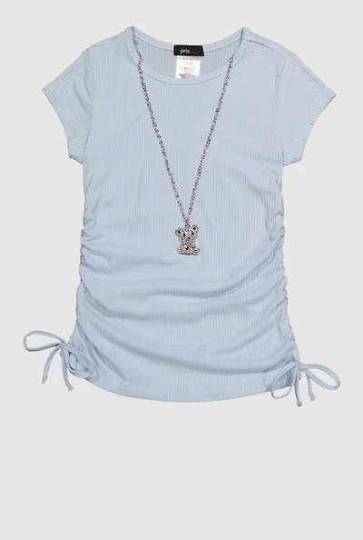Little Girls Rib Knit Tee with Bear Chain Necklace, Blue, Size 5-6