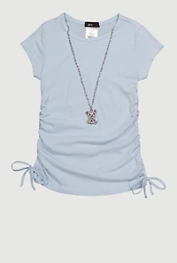 Little Girls Rib Knit Tee with Bear Chain Necklace