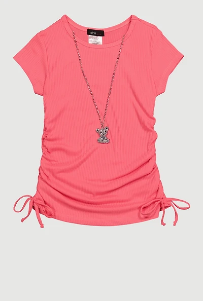 Little Girls Rib Knit Tee with Bear Chain Necklace,