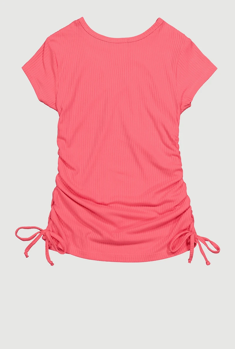 Little Girls Rib Knit Tee with Bear Chain Necklace, Pink, Size 4