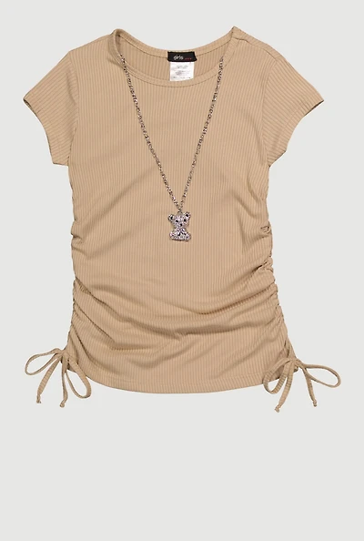 Little Girls Rib Knit Tee with Bear Chain Necklace, Beige, Size 4