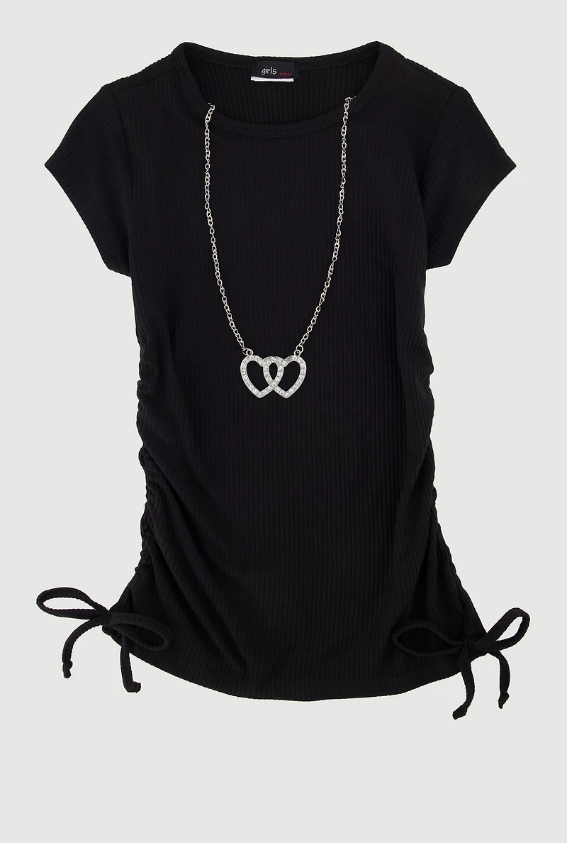 Little Girls Ribbed Knit Tee with Removable Double Heart Necklace, Black, Size 5-6