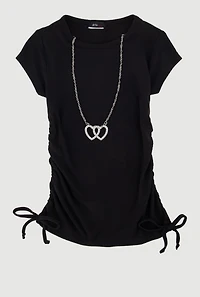 Little Girls Ribbed Knit Tee with Removable Double Heart Necklace, Black, Size 5-6