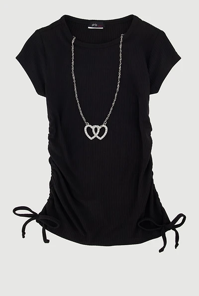 Little Girls Ribbed Knit Tee with Removable Double Heart Necklace