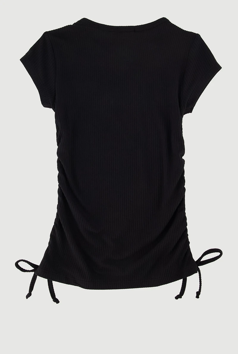 Little Girls Ribbed Knit Tee with Removable Double Heart Necklace, Black, Size 5-6