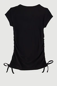 Little Girls Ribbed Knit Tee with Removable Double Heart Necklace, Black, Size 5-6