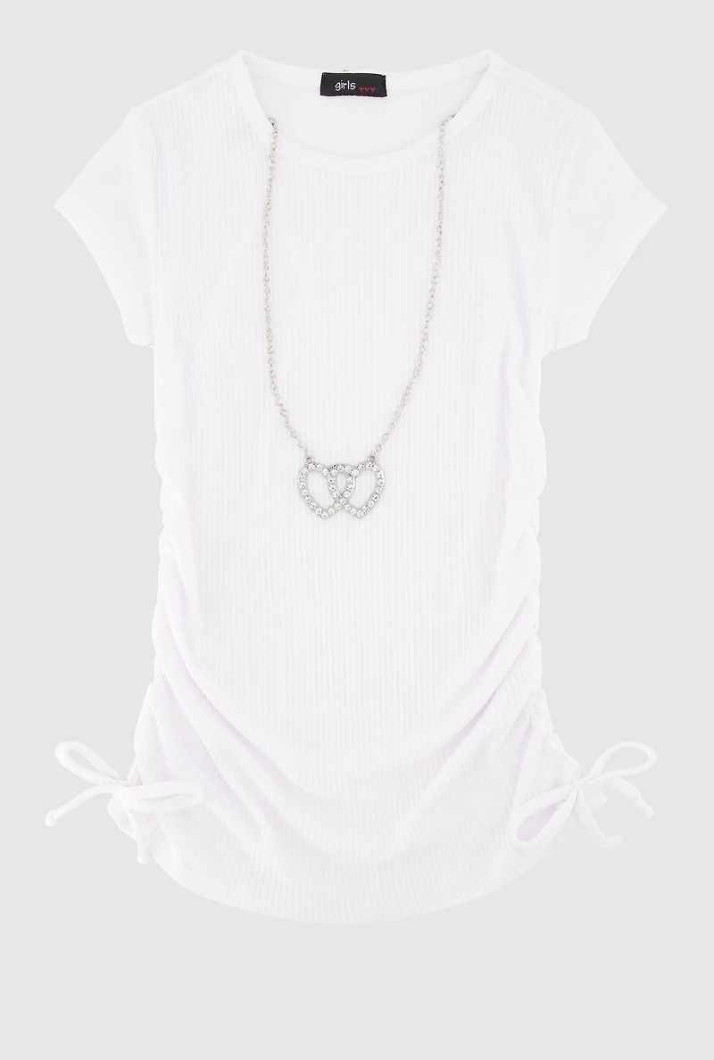 Little Girls Ribbed Knit Tee with Removable Double Heart Necklace, White,