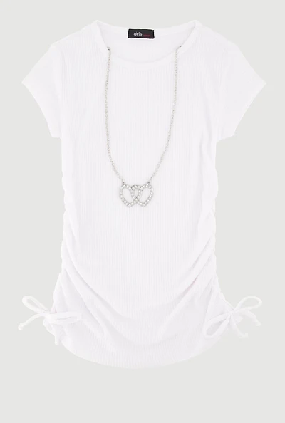 Little Girls Ribbed Knit Tee with Removable Double Heart Necklace, White, Size 4