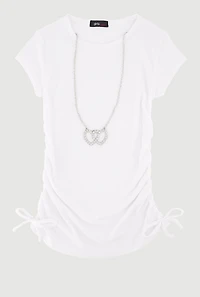 Little Girls Ribbed Knit Tee with Removable Double Heart Necklace, White, Size 4