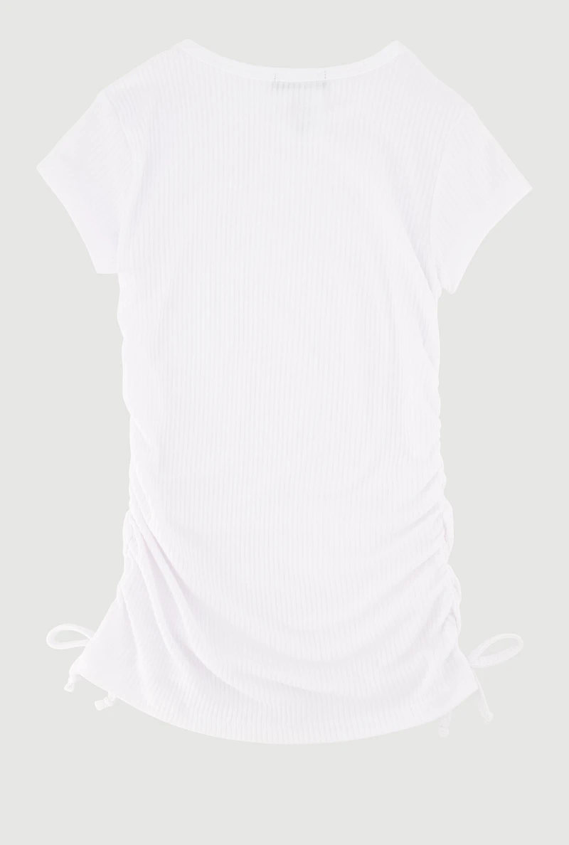 Little Girls Ribbed Knit Tee with Removable Double Heart Necklace, White, Size 5-6