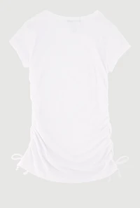 Little Girls Ribbed Knit Tee with Removable Double Heart Necklace, White,