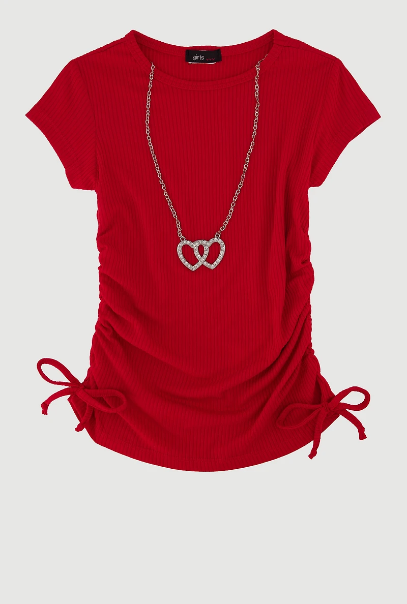 Little Girls Ribbed Knit Tee with Removable Double Heart Necklace, Red, Size 4
