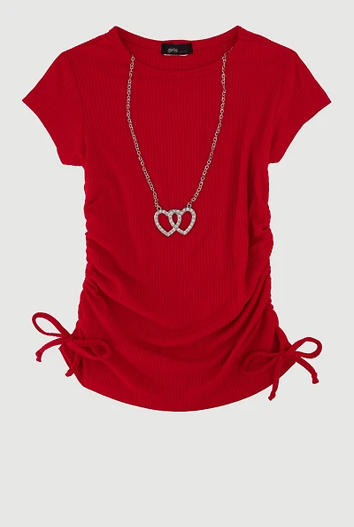 Little Girls Ribbed Knit Tee with Removable Double Heart Necklace, Red, Size 4