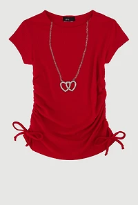 Little Girls Ribbed Knit Tee with Removable Double Heart Necklace, Red, Size 4