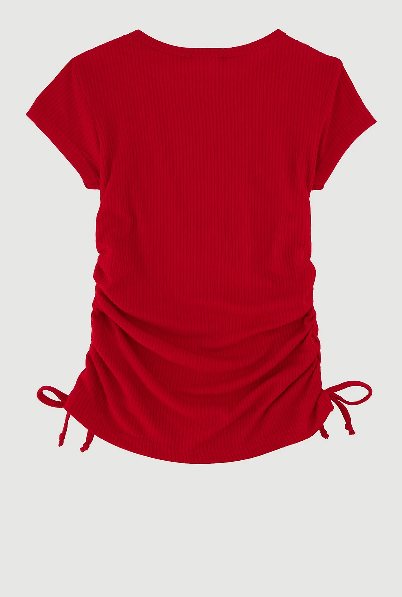 Little Girls Ribbed Knit Tee with Removable Double Heart Necklace, Red, Size 4