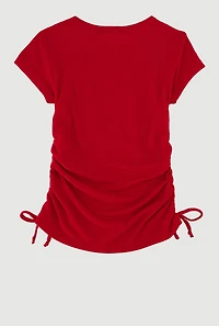 Little Girls Ribbed Knit Tee with Removable Double Heart Necklace, Red, Size 4