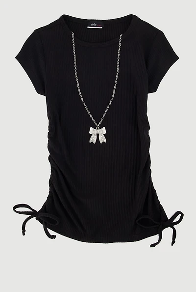 Little Girls Ribbed Knit Tee with Removable Rhinestone Bow Necklace,
