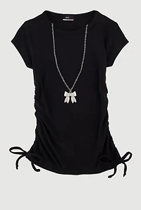 Little Girls Ribbed Knit Tee with Removable Rhinestone Bow Necklace,