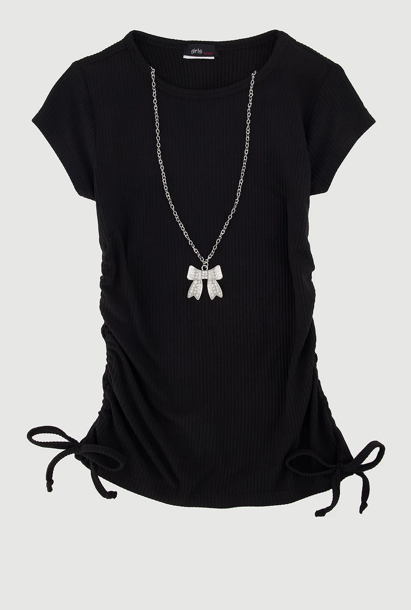 Little Girls Ribbed Knit Tee with Removable Rhinestone Bow Necklace, Black, Size 4