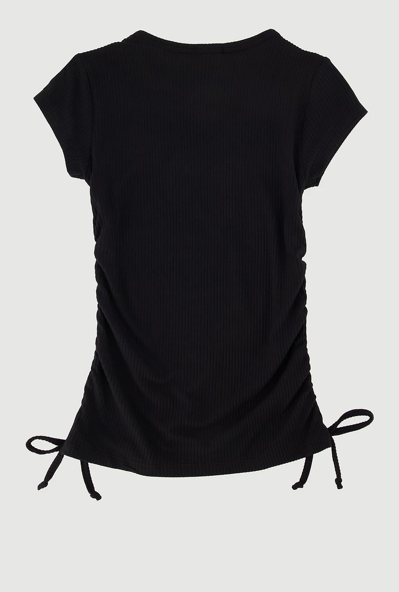 Little Girls Ribbed Knit Tee with Removable Rhinestone Bow Necklace, Black, Size 4